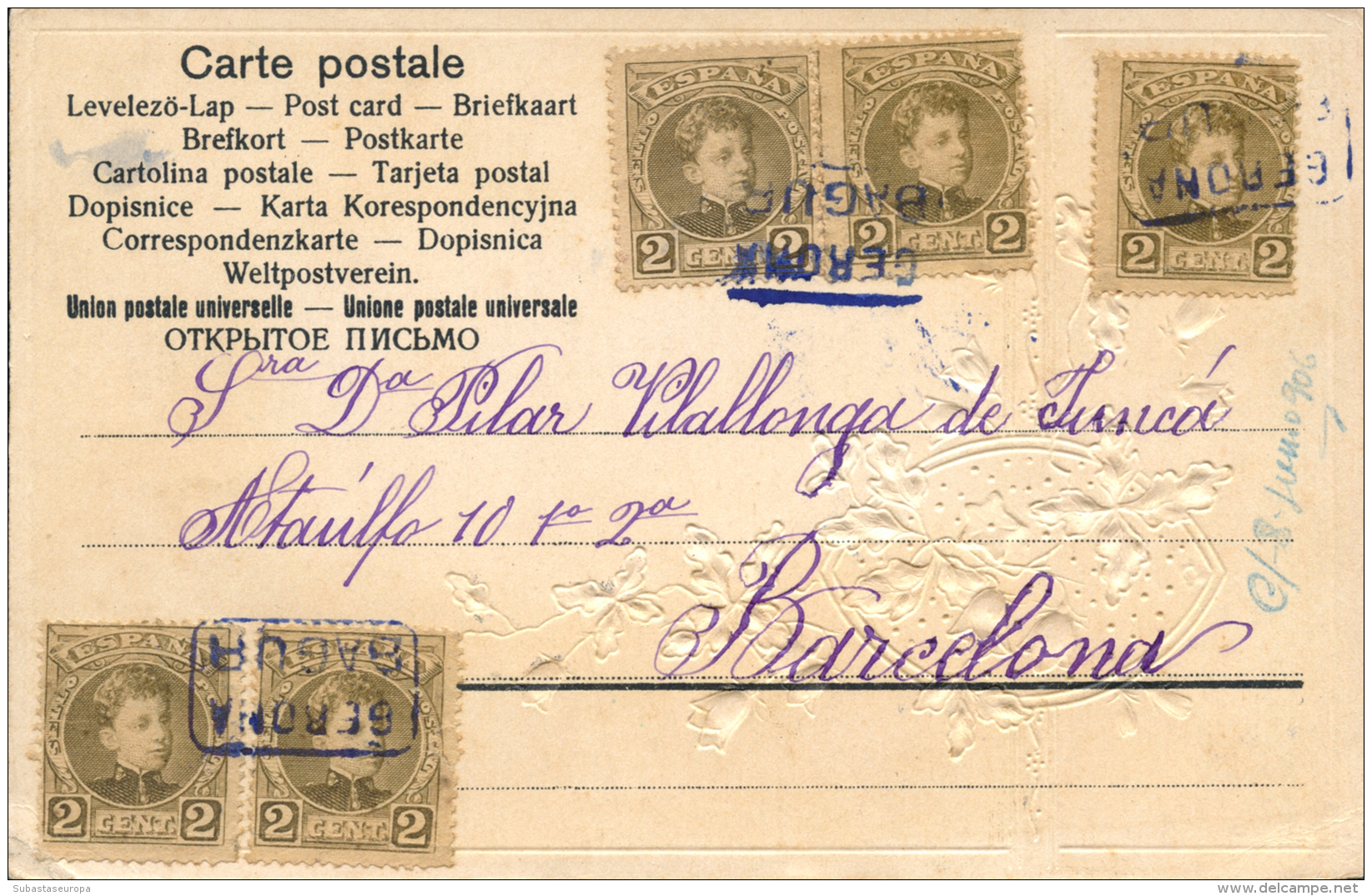Ø 241(5) En T.P. Con Marca De Cartería "GERONA-BAGUR" En Azul. A&ntilde;o 1906. Peso= 15 Gramos. - Covers & Documents