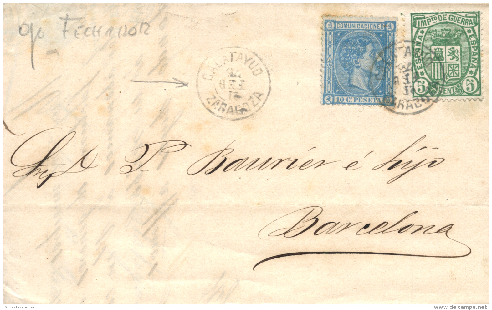 164 Y 154 En Carta Circulada De Calatayud A Barcelona, El 21/2/1876. Fechador Invertido. Peso= 15 Gramos. - Covers & Documents