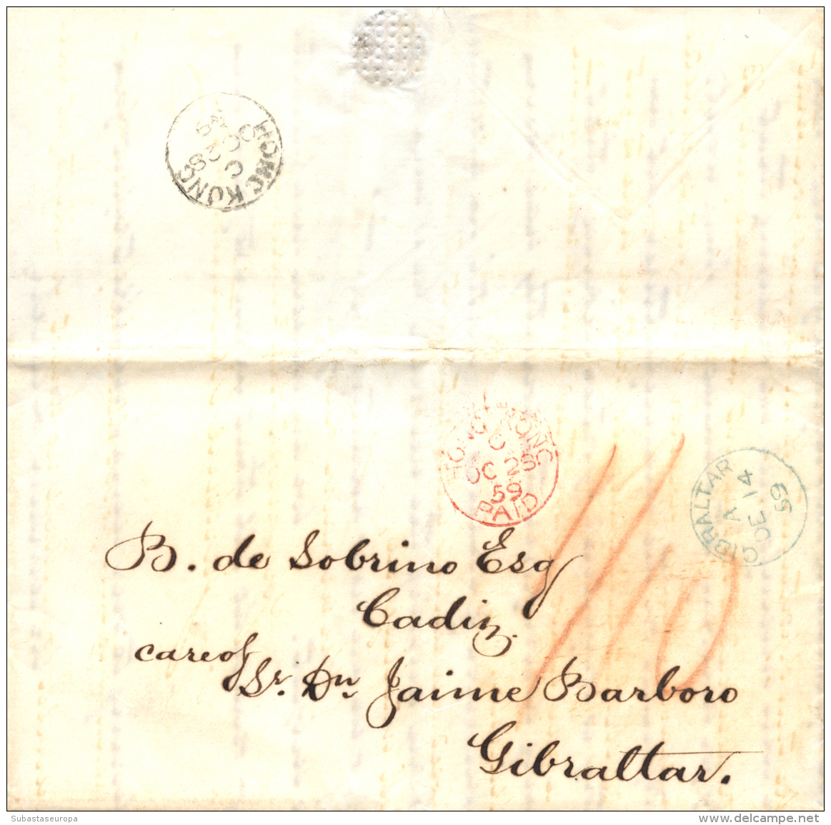 1859. Carta De Hong Kong A Cádiz. Encaminada En Gibraltar Por "Jaime Barboro". Rara. Peso= 15 Gramos. - Brieven En Documenten