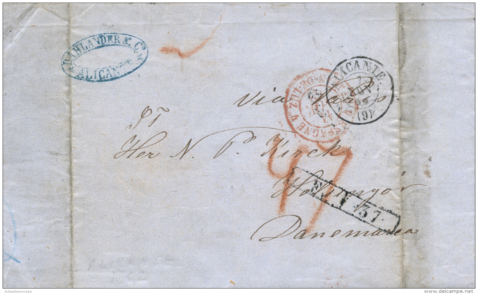 1862. Carta De Alicante A Helsingor (Dinamarca). Marca Del Encaminador "DAHLANDER AND Ci&ordf; / ALICANTE".... - Covers & Documents