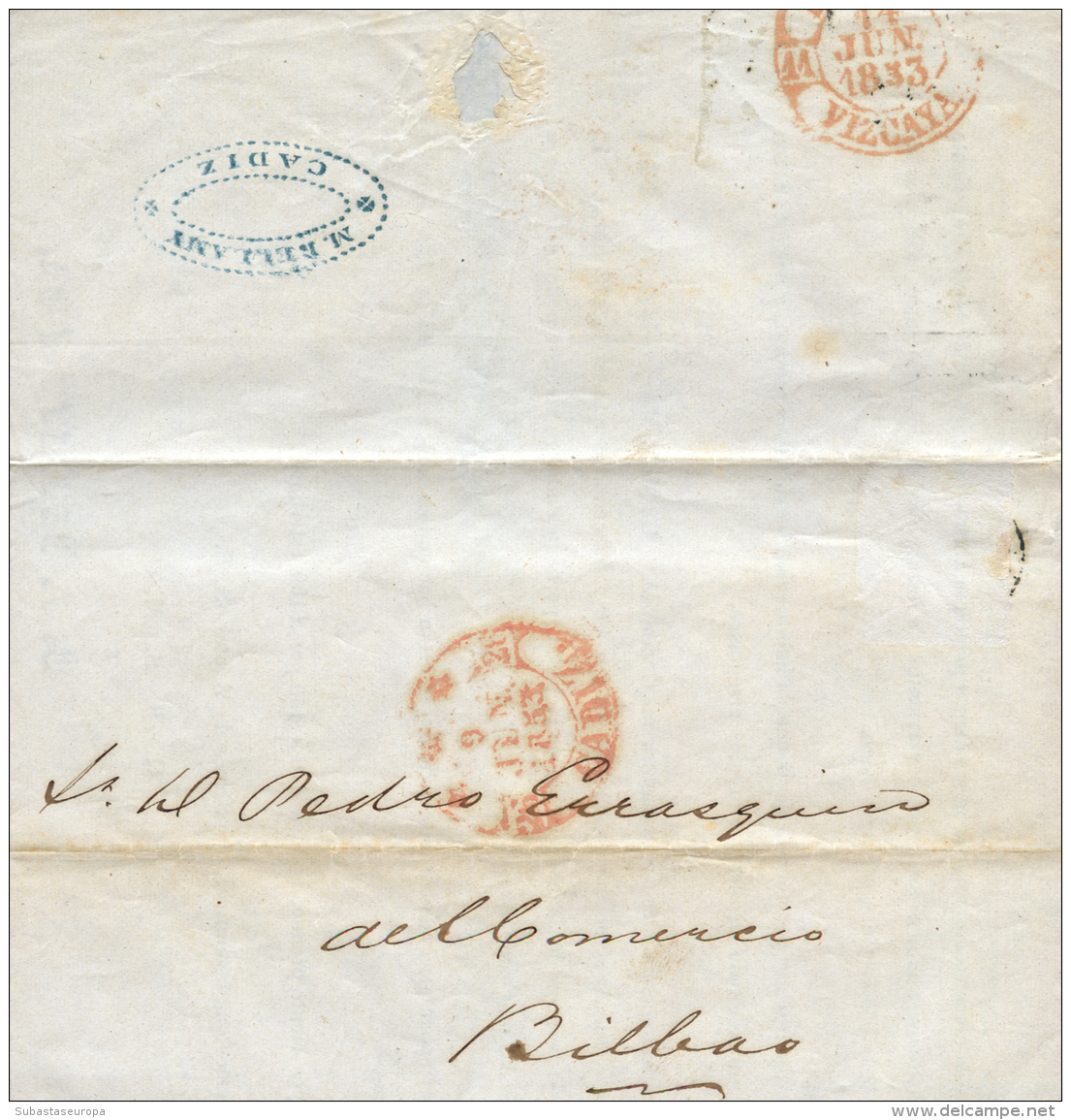 1853. Carta De Saint John's (Newfouland) A Bilbao. Encaminada En Cádiz Por "M. Bellamy". Peso= 15 Gramos. - Brieven En Documenten