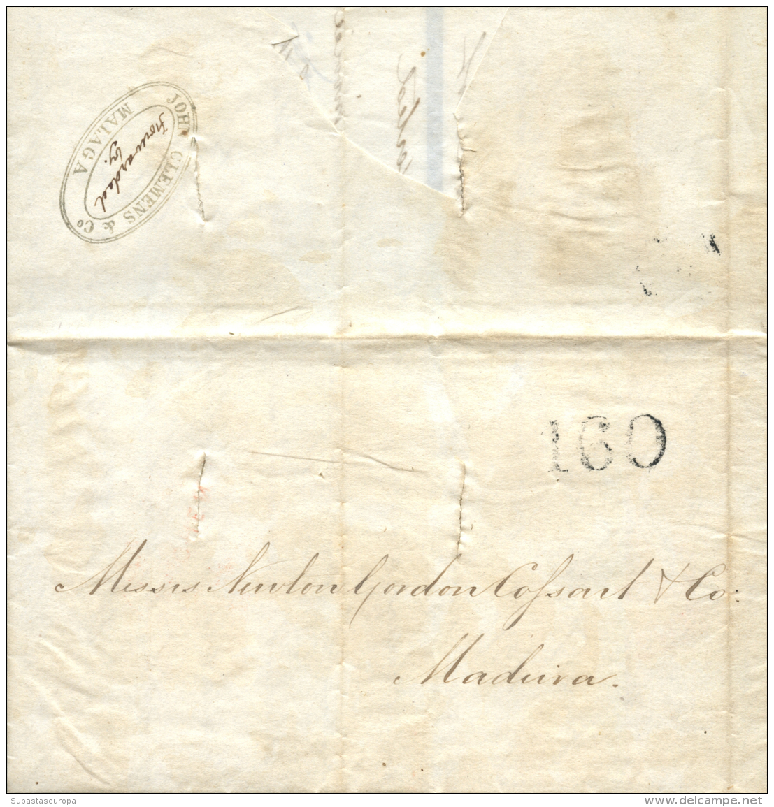 1844. Carta De Norfolk A Madeira. Marca Del Encaminador "JOHN CLEMENS AND C&ordm; / MALAGA". Muy Raro. Peso= 15... - Covers & Documents