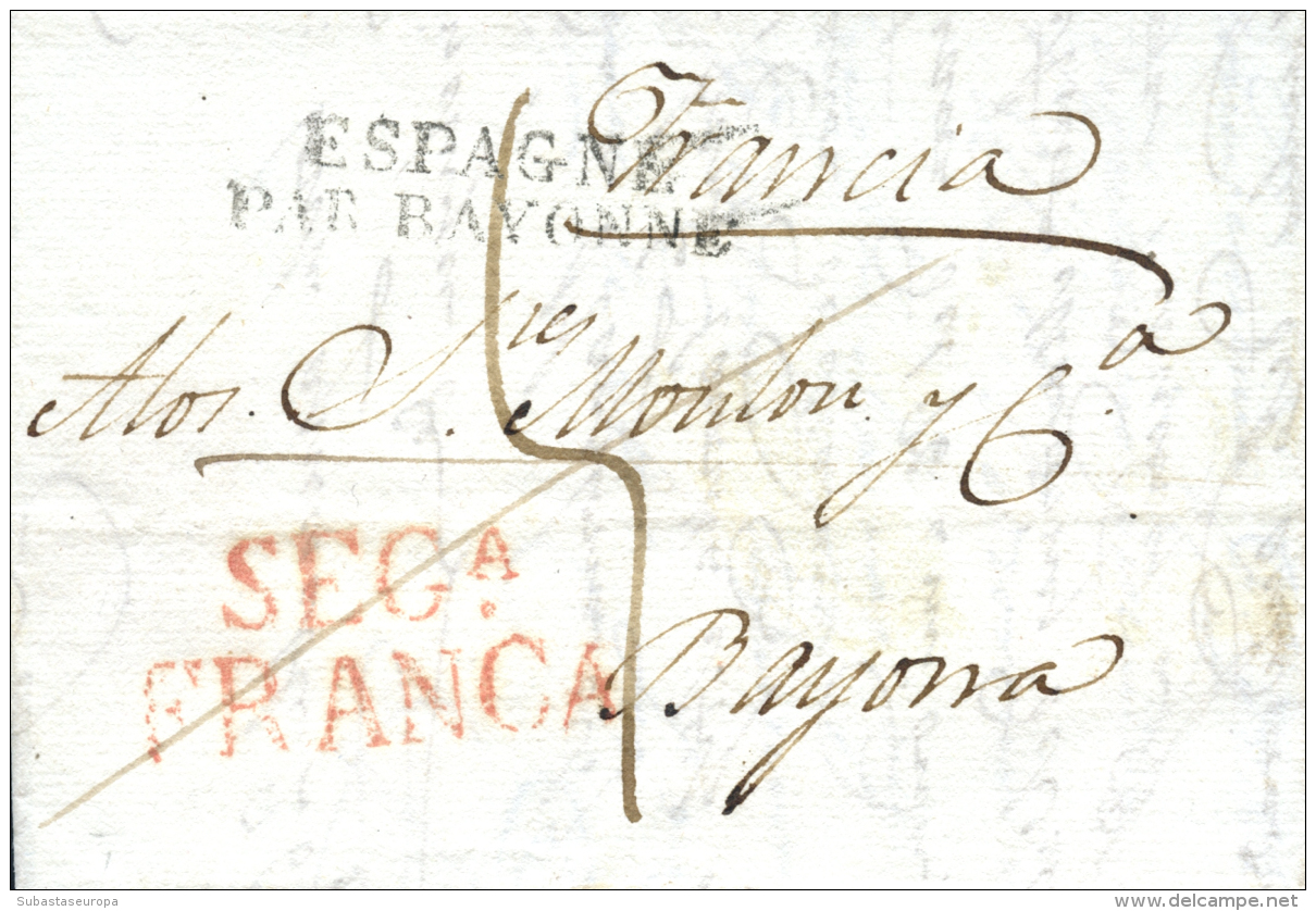 D.P. 14. 1819. Carta Circulada De Segovia A Bayona. Nítida Marca En Rojo "SEG&ordf;/FRANCA" (P.E. 11) Y... - ...-1850 Prephilately