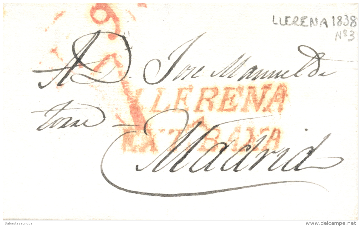 D.P. 13. 1838. Carta De Llerena A Madrid. Marca P.E. 3. Porteo 7. Peso= 15 Gramos. - ...-1850 Prephilately