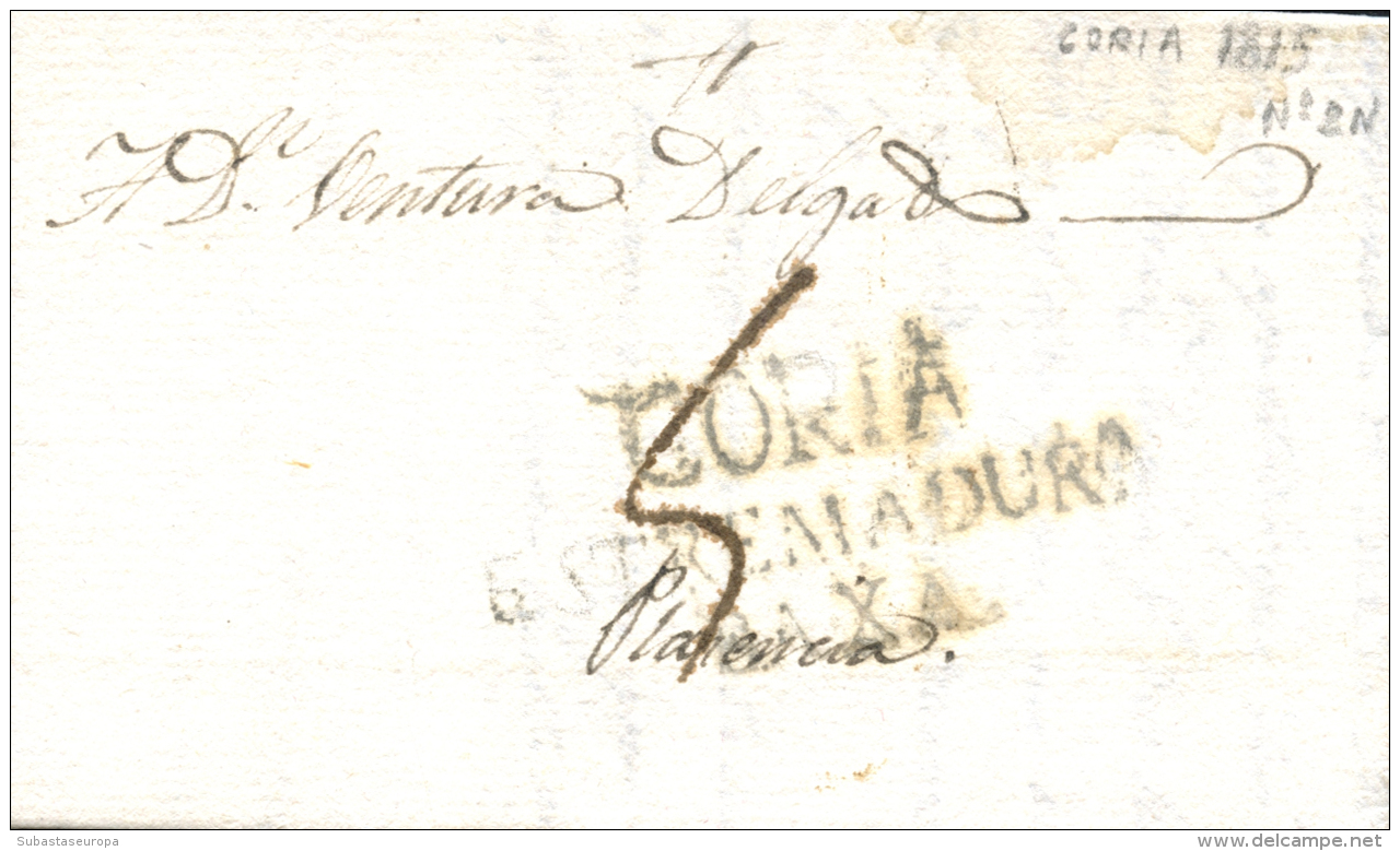 D.P. 13. 1815. Envuelta Circulada De Coria A Plasencia. Marca P.E. 2. Porteo 5. Peso= 15 Gramos. - ...-1850 Prephilately