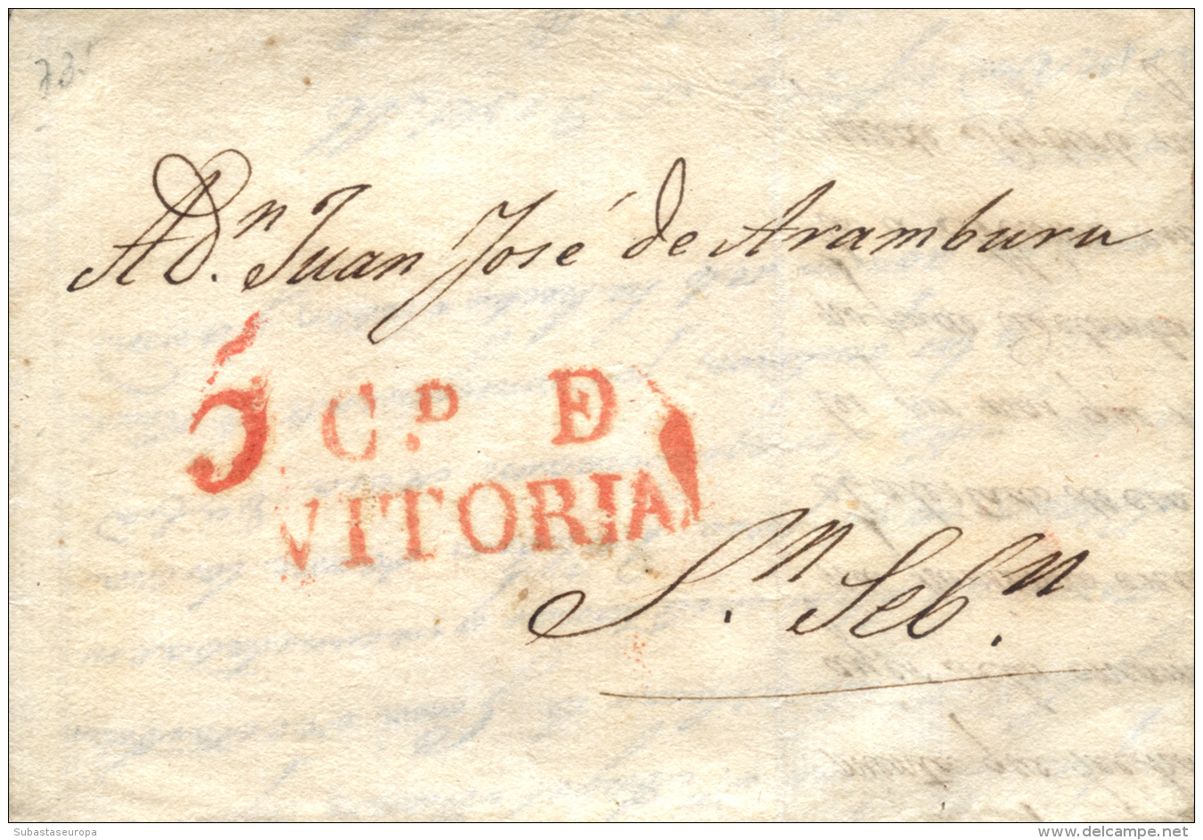 D.P. 10. 1826. VITORIA A San Sebastián. Marca CD DE/ VITORIA (PE 18). Preciosa. Peso= 15 Gramos. - ...-1850 Prephilately