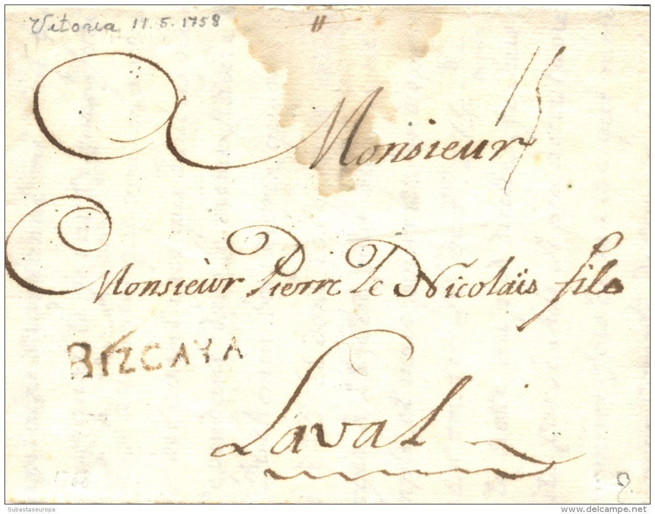 D.P. 10. 1758. VITORIA A Laval (Francia). Marca BIZCAYA (PE 6). Magnífica. Carta Sin Portear. Muy Rara.... - ...-1850 Prephilately