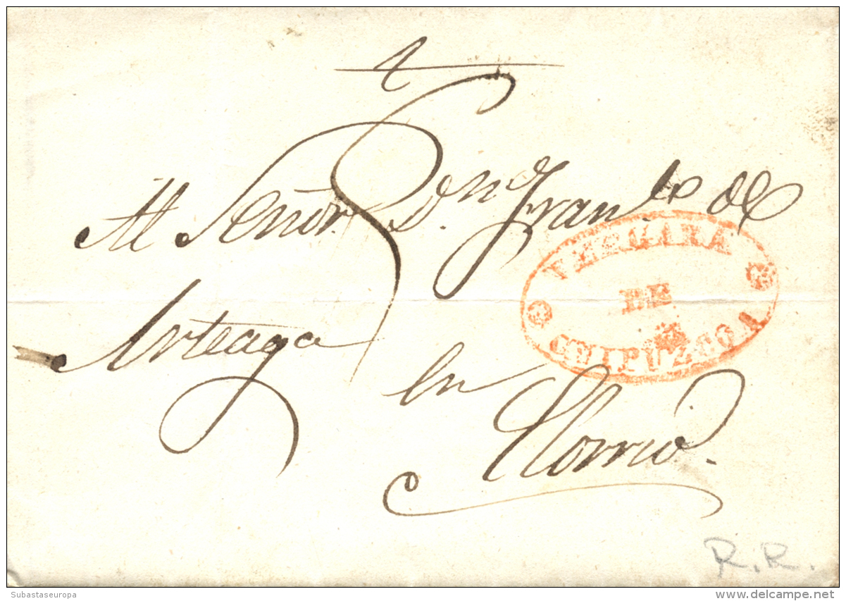 D.P. 10. 1840. ZUMAIA A Elorrio. Marca VERGARA DE GUIPUZCOA En Rojo. Bonita Y Muy Rara. Peso= 15 Gramos. - ...-1850 Prephilately