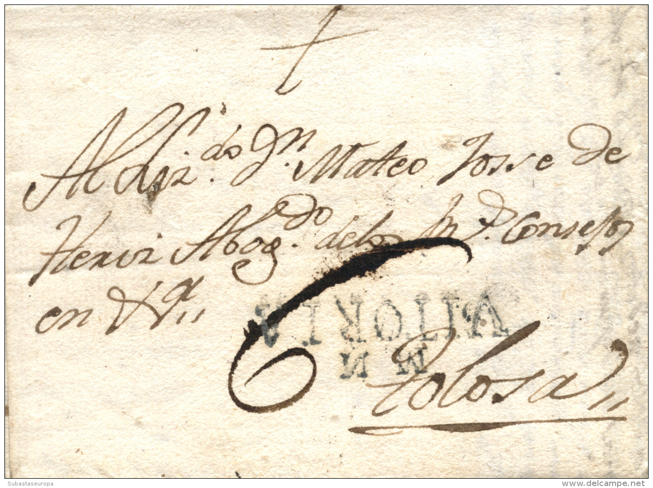 D.P. 10. 1800. MONDRAGON A Tolosa. Marca MN/VIZCAYA (PE 4). Rara. Peso= 15 Gramos. - ...-1850 Prephilately