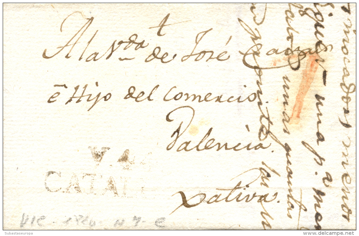 D.P. 5. 1820. Carta De Vic A Xàtiva. Porte 7 En Rojo. P.E. 7. Peso= 15 Gramos. - ...-1850 Prephilately