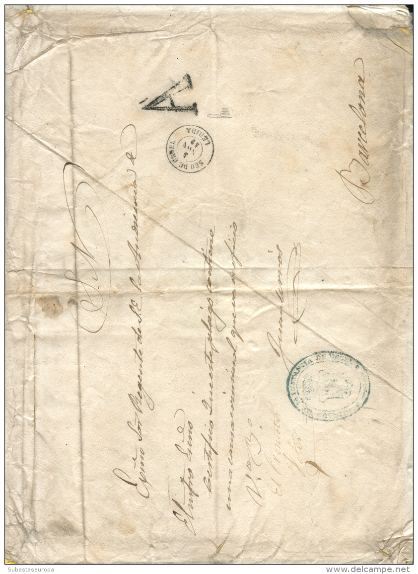 D.P. 5. Plica Judicial Del S.N. Circulada De La Seu D'Urgell A Barcelona. Marca A De Abono. A&ntilde;o 1859. Muy... - ...-1850 Prephilately