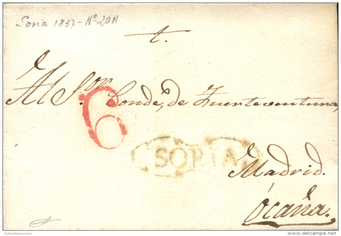 D.P .3. 1837. Carta De Soria A Oca&ntilde;a. Marca P.E. 20. Proteo 6. Peso= 15 Gramos. - ...-1850 Prephilately