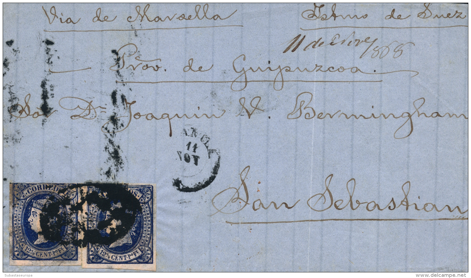 FILIPINAS. Ø 19(2) En Frontal Circulado De Manila A San Sebastián, El 11/1/1868. Mat. Parrilla... - Philippines