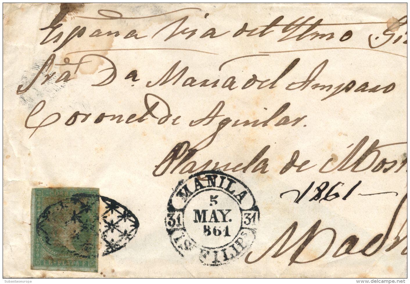 FILIPINAS. Ø 3(Antillas) En Envuelta Circulada De Manila A Madrid, El 5/5/1861. Mat. Parrilla Colonial Y... - Philippines