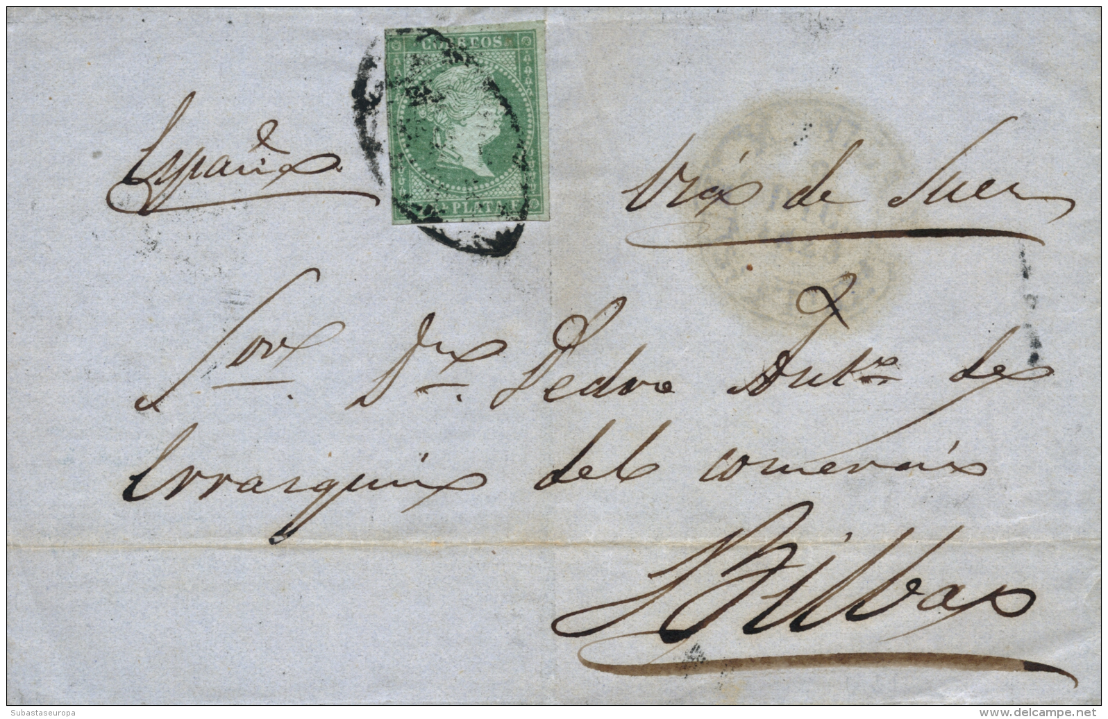 FILIPINAS. Ø 2 (Antillas) En Envuelta De Manila A Bilbao, El 9/12/1857. Mat. Parrilla Colonial Y Fechador... - Philippines