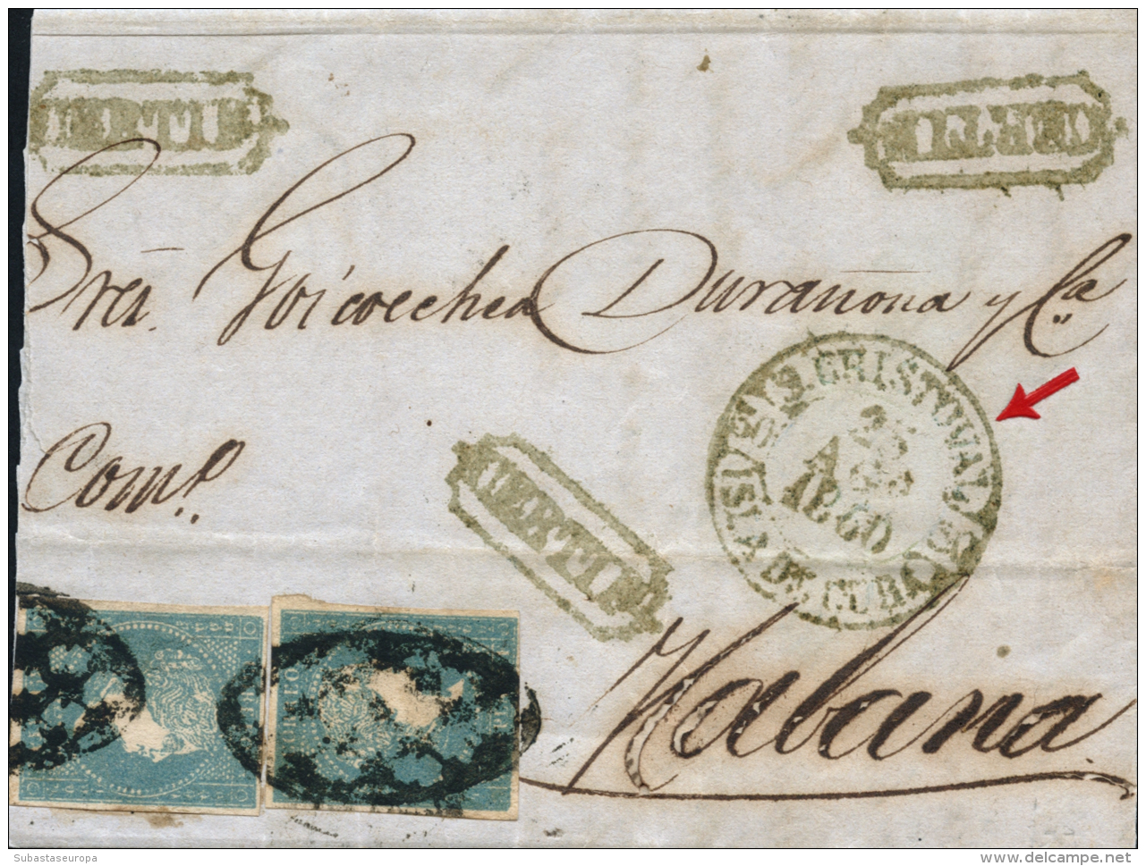 CUBA. Ø 2(Antillas, 2 Sellos) En Carta Tacotaco A La Habana. Mat. Parrilla Colonial. Fechador De San... - Cuba (1874-1898)