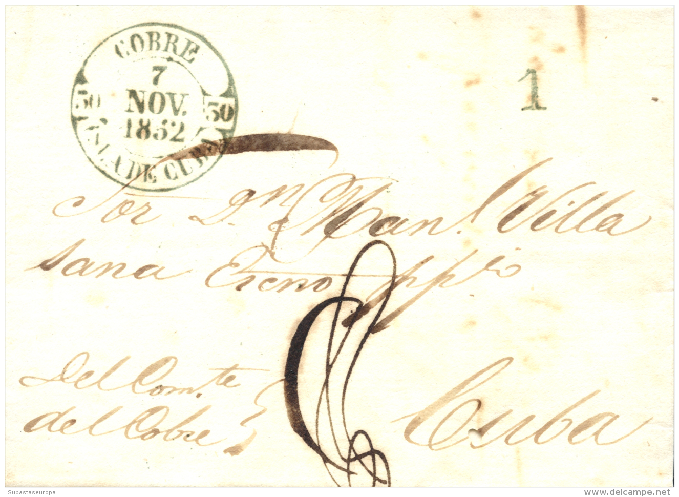 CUBA. 1852. Carta De Santiago De Cobre A Santiago De Cuba. Mat. Baeza COBRE/ ISLA DE CUBA En Verde. Muy Rara..... - Cuba (1874-1898)