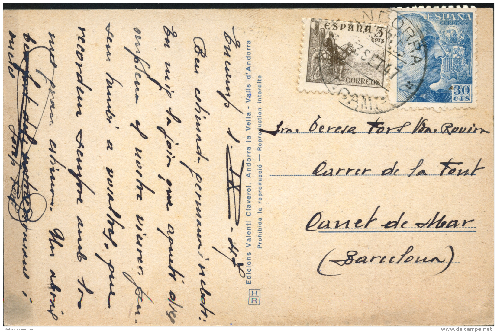 916 Y 924 (Espa&ntilde;a) En Tarjeta Circulada Encamp A Canet De Mar (3/9/47). Rara. Peso= 15 Gramos. - Unused Stamps