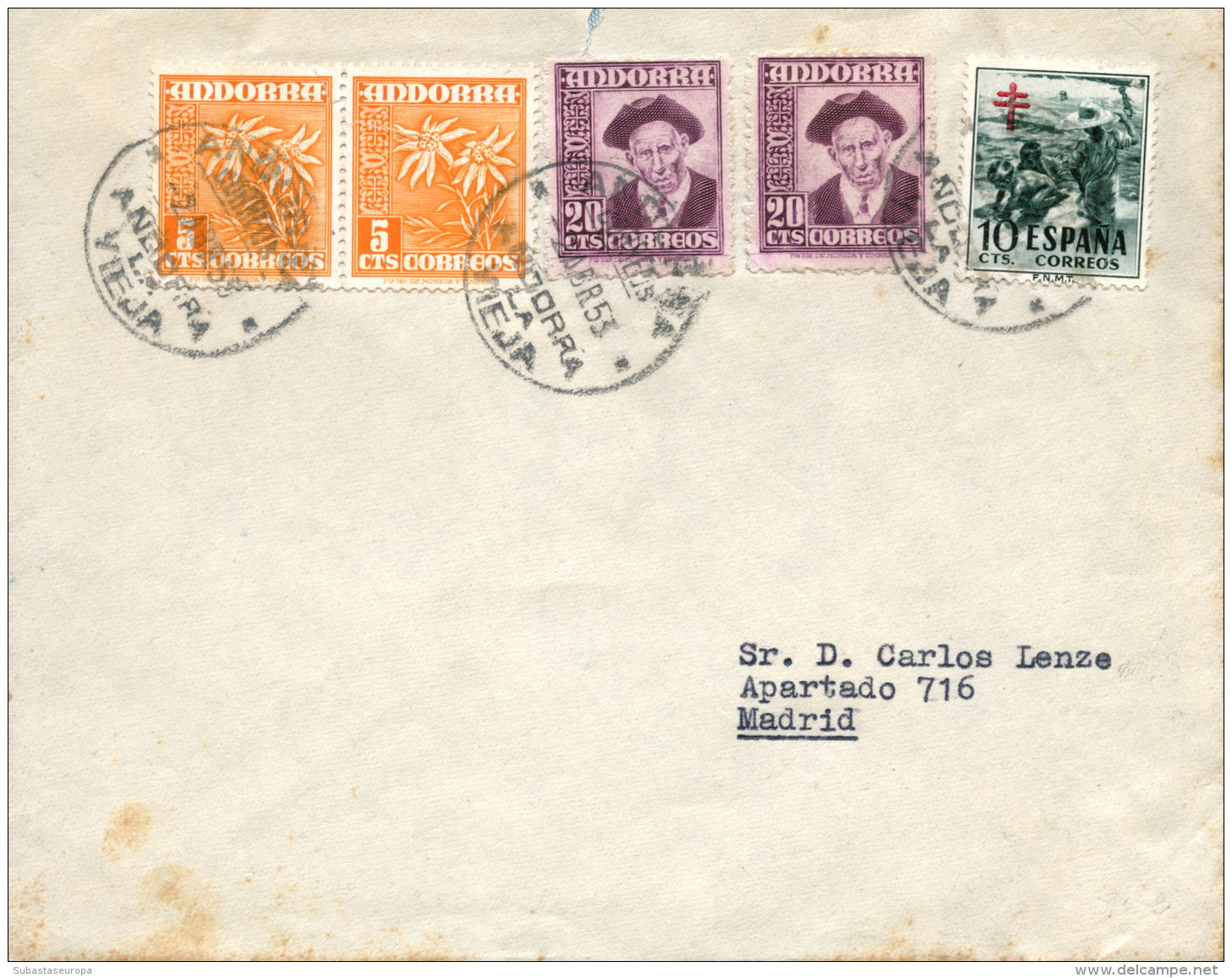 46(2), 48(2) Y 1102 (Espa&ntilde;a) En Carta Circulada De Andorra La Vella A Madrid, El A&ntilde;o 1953. Ligeras... - Unused Stamps