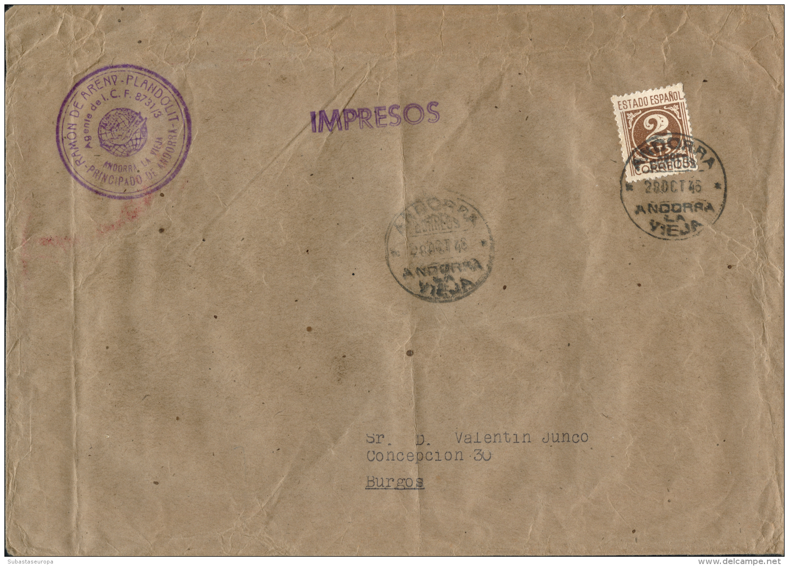 915 (Espa&ntilde;a) En Carta Circulada De Andorra La Vella A Burgos, El A&ntilde;o 1946. Gran Formato. Peso= 25... - Unused Stamps