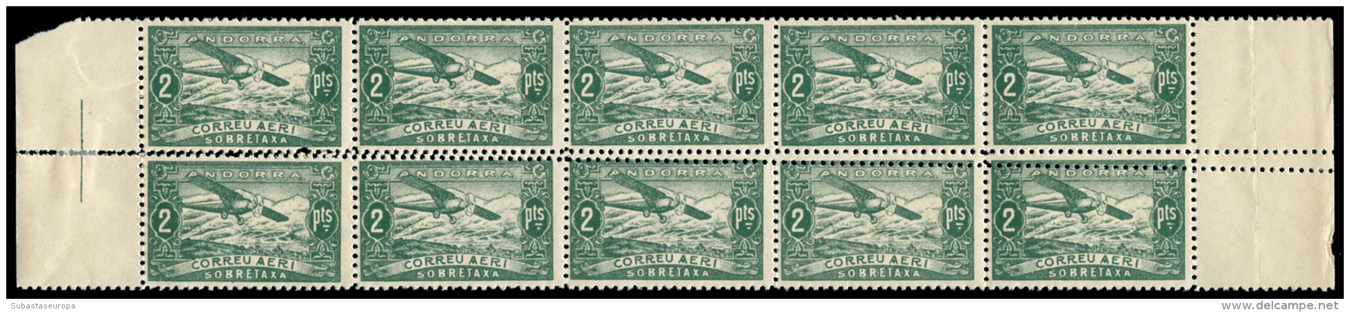 ** N.E. 20. 2 Ptas. Bloque De 10. Doble Dentado Horizontal. Peso= 15 Gramos. - Unused Stamps