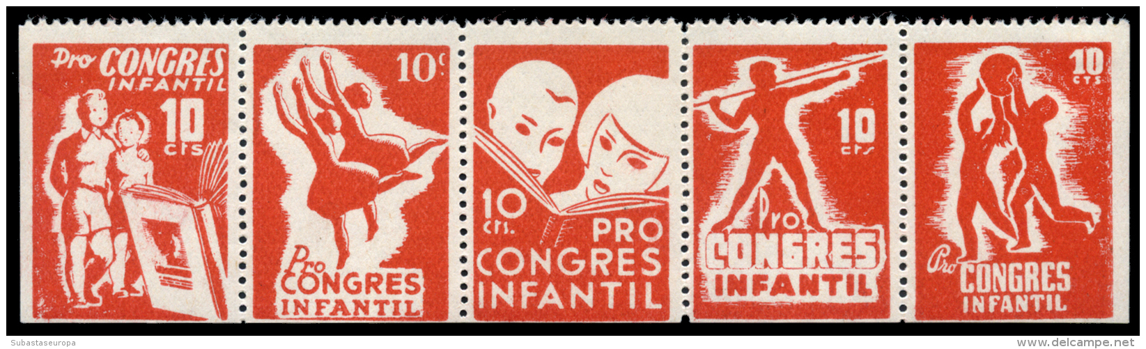 Pro Congrés Infantil. 10 Cts. Tira De 5. G.G. 2571/75. Rara. Peso= 15 Gramos. - Spanish Civil War Labels