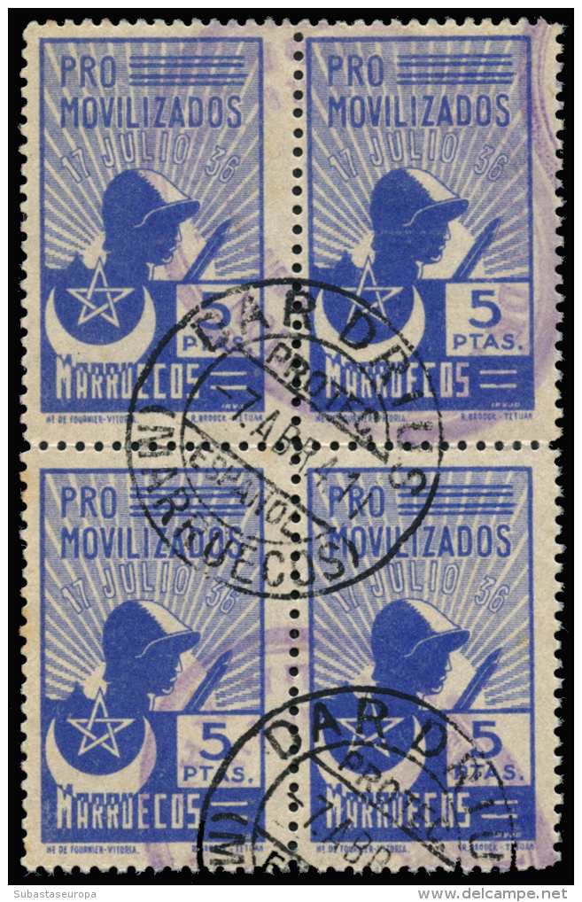 MARRUECOS. Pro Movilizados. 5 Ptas. Bloque De 4. Valor Clave. Mat. Dardrius. Peso= 15 Gramos. - Spanish Civil War Labels