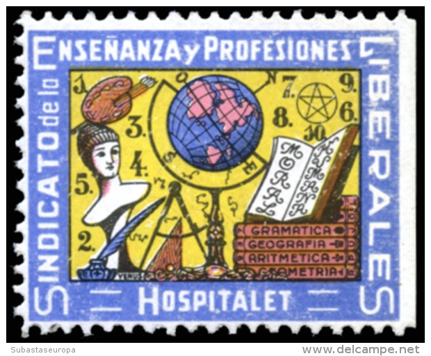 HOSPITALET. Vi&ntilde;eta "Sindicato De La Ense&ntilde;anza Y Profesiones Liberales". Sofima 15. Rara. Peso= 15... - Spanish Civil War Labels