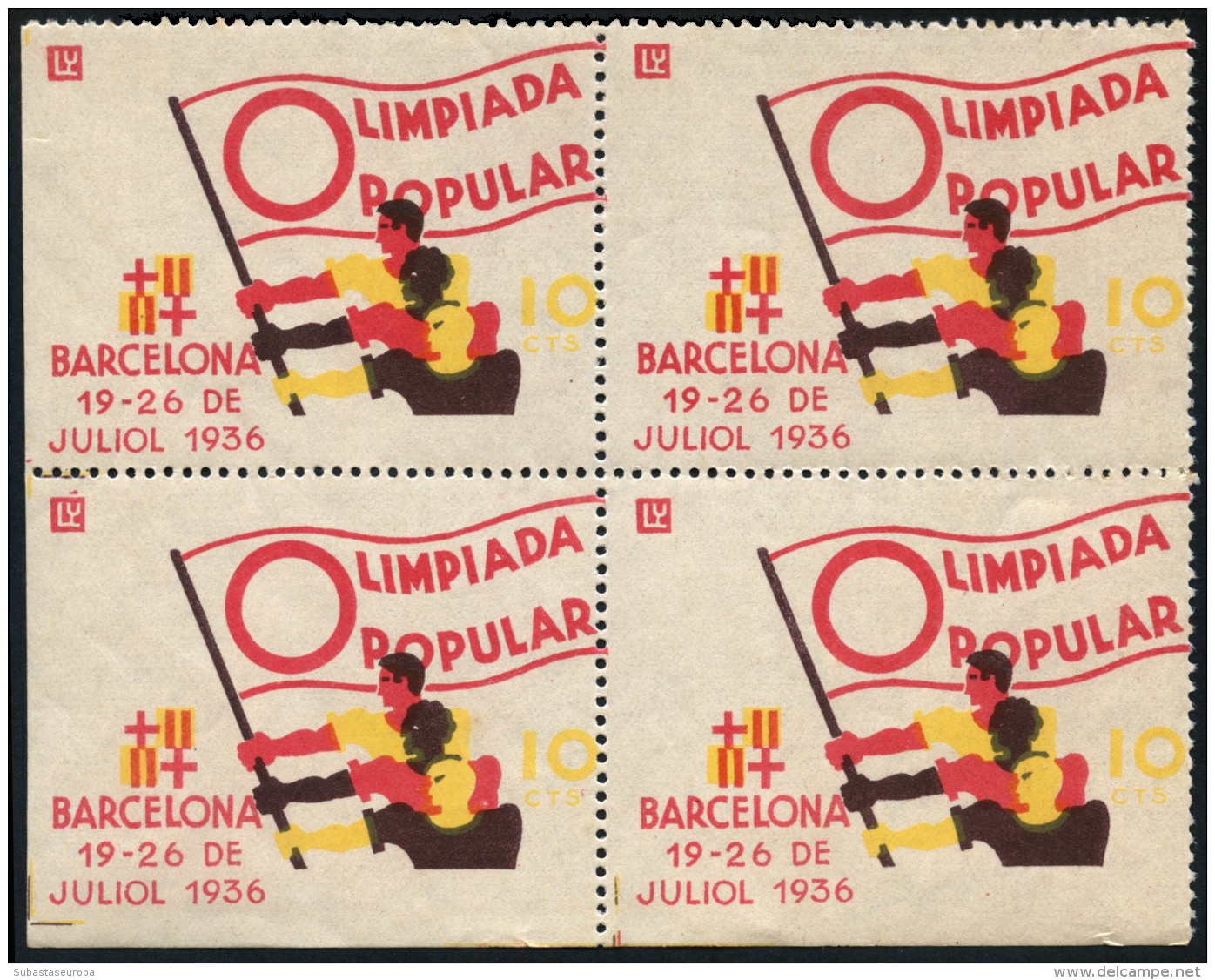 BARCELONA. **. Olimpiada Popular. Bloque De 4. Esquina De Pliego. Lujo. Peso= 15 Gramos. - Spanish Civil War Labels