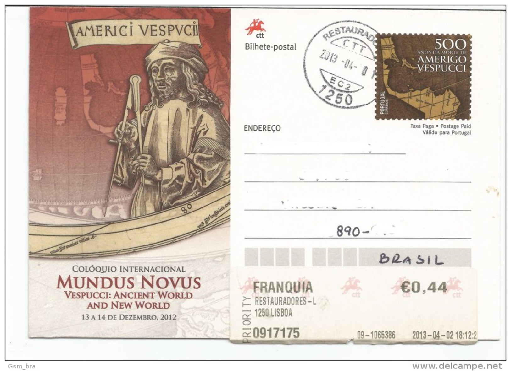 Portugal 2013: Amerigo Vespucci - Postal Stationery (Used) / Map, Quadrant, Explorer - Exploradores