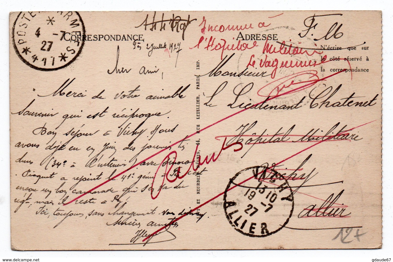 1927 - CP FM Avec TàD POSTES AUX ARMEES *417* Pour VICHY -> MISE AUX REBUTS "INCONNU A L'HOPITAL MILITAIRE" - Military Postmarks From 1900 (out Of Wars Periods)