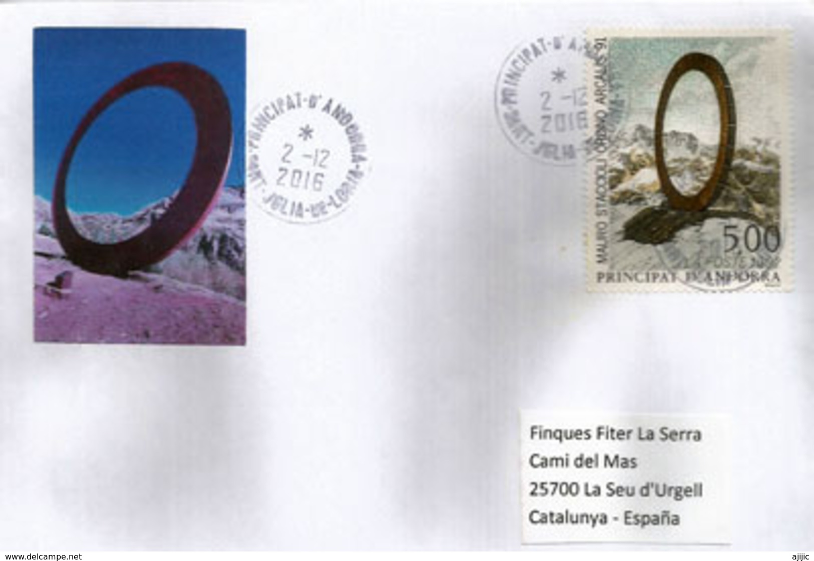 Sculpteur Italien Staccioli,anneau D'acier D'un Diamètre De 12 M,Col D'Ordino,sur Lettre Adressée  Espagne - Storia Postale