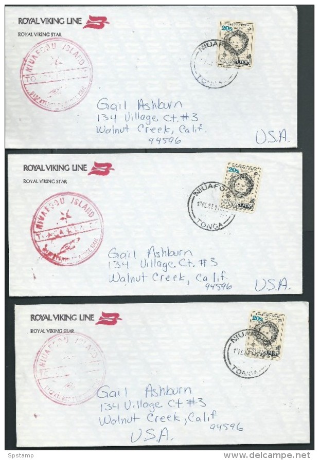 Tonga Niuafo´ou 1985 3 Covers To USA , All With 20s Map Self Adhesive - Tonga (1970-...)