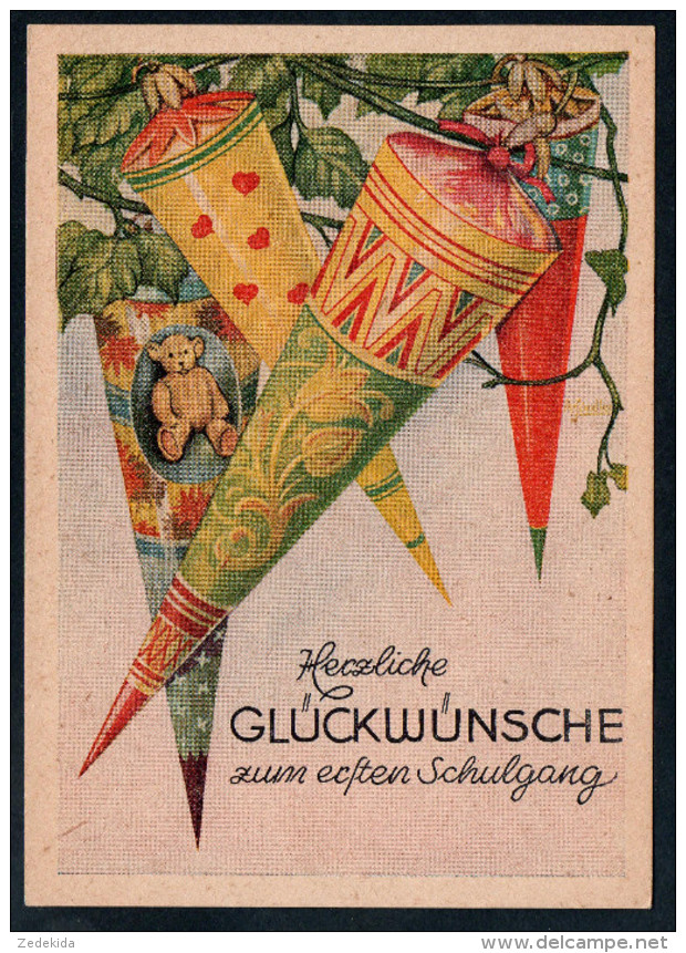 8495 - Alte Glückwunschkarte - Schulanfang Zuckertüte - N. Gel - Heske & Kaufmann Chemnitz - TOP - Premier Jour D'école