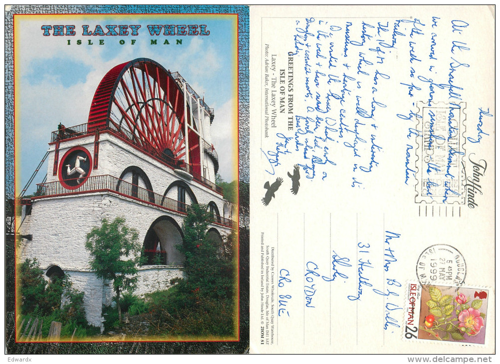 Laxey Wheel, Isle Of Man Postcard Posted 1999 Stamp - Isle Of Man