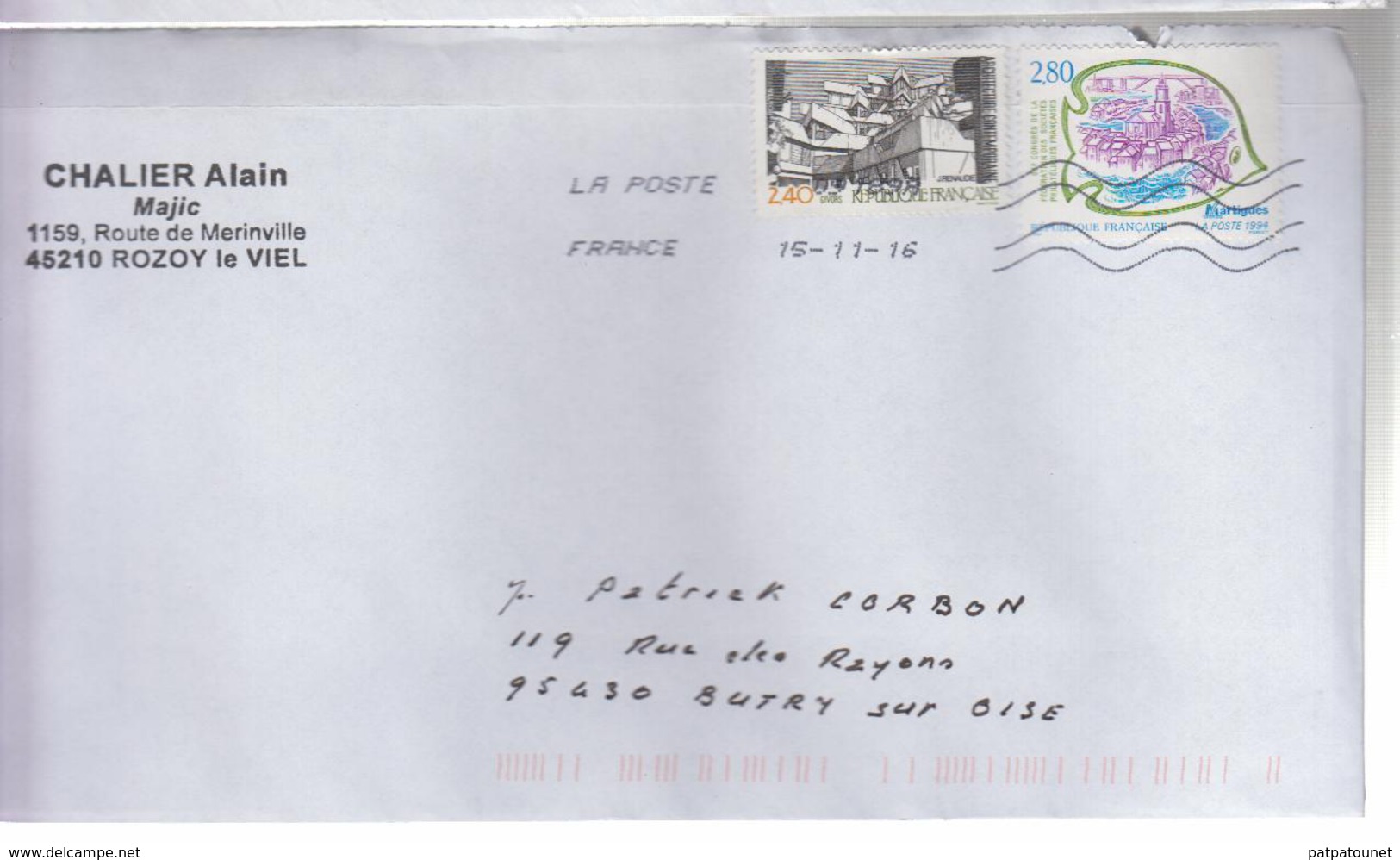 France Lettre 2016 2 Timbres - Covers & Documents