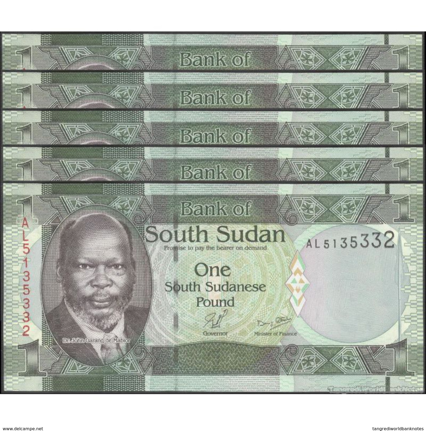 TWN - SOUTH SUDAN 5 - 1 Pound 2011 Prefix AL UNC DEALERS LOT X 5 - FREE SHIPPING On Orders Over EUR 150 - Sudan Del Sud