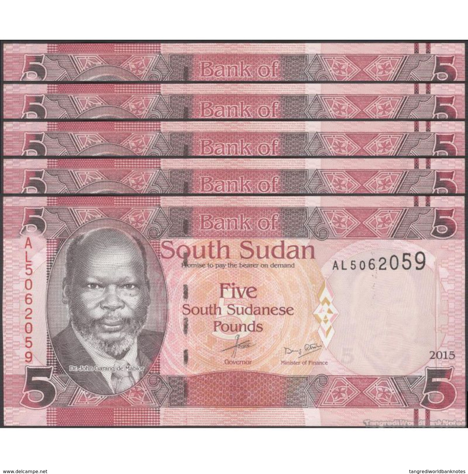 TWN - SOUTH SUDAN 6b - 5 Pounds 2015 Prefix AL UNC DEALERS LOT X 5 - FREE SHIPPING On Orders Over EUR 150 - Sudan Del Sud