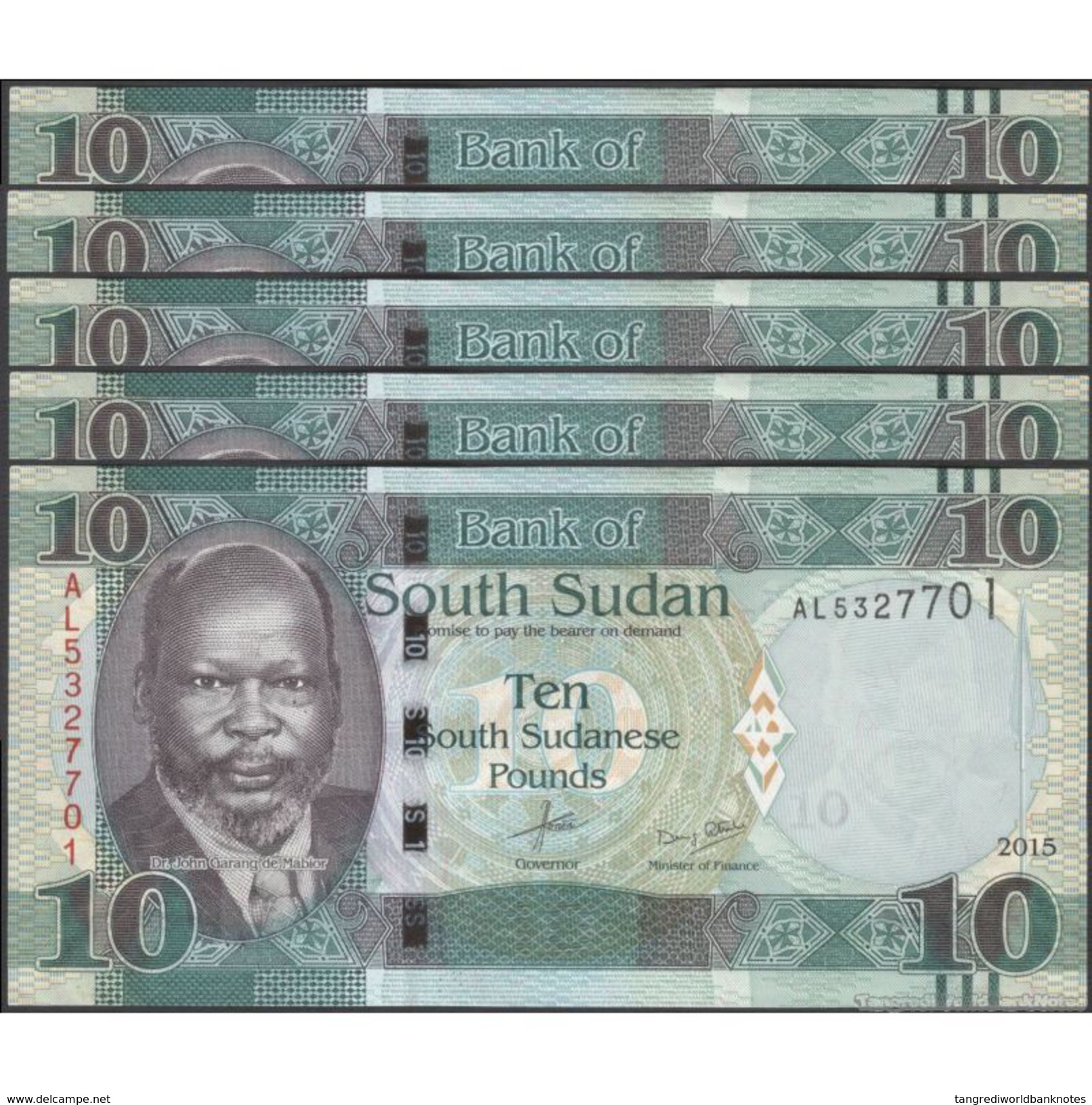 TWN - SOUTH SUDAN 7b - 10 Pounds 2015 Prefix AL UNC DEALERS LOT X 5 - FREE SHIPPING On Orders Over EUR 150 - Sudan Del Sud