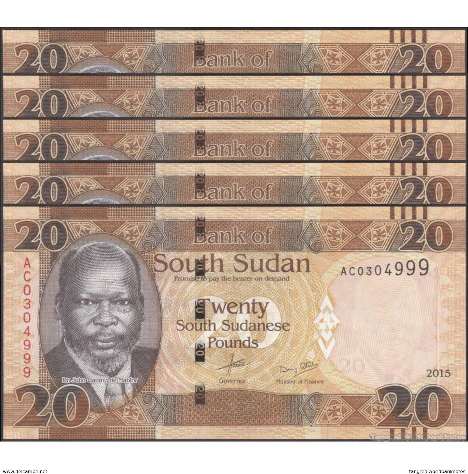 TWN - SOUTH SUDAN 8A - 20 Pounds 2015 Prefix AC UNC DEALERS LOT X 5 - FREE SHIPPING On Orders Over EUR 150 - Sudan Del Sud