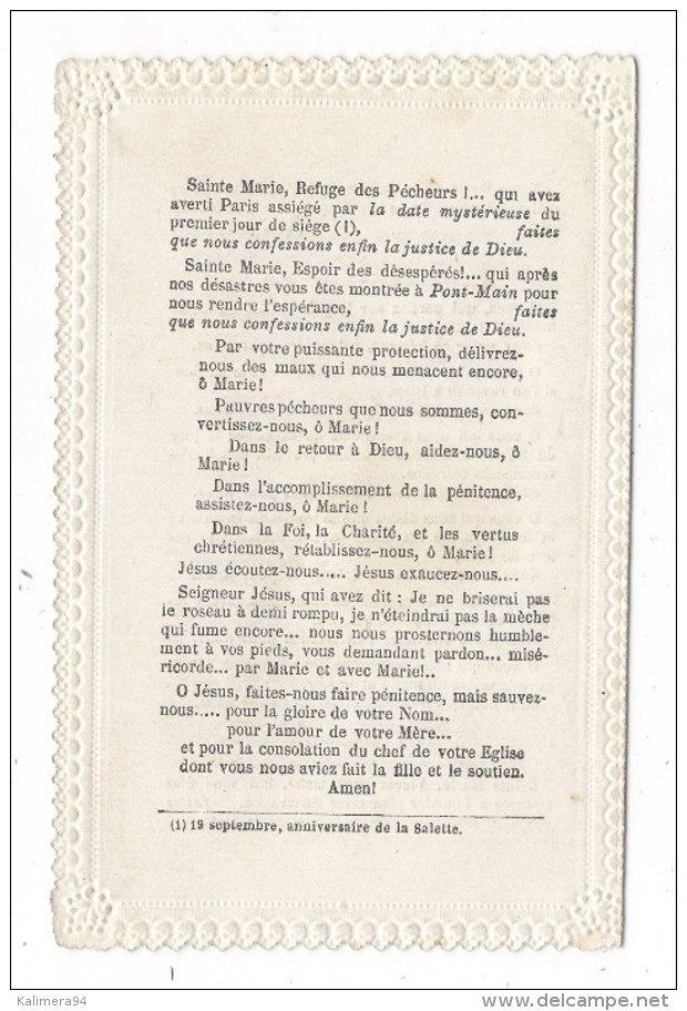 IMAGE  PIEUSE ( Canivet Dentelé, Vers 1870 ) / LES PREDICTIONS DE LA SALETTE ( Fin Des 2 Sièges De Paris : 1849 + 1870 ) - Images Religieuses