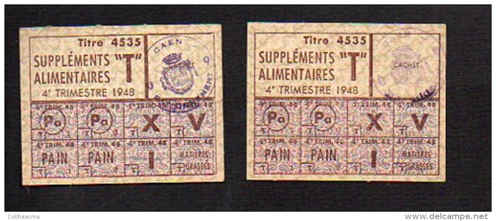 Guerre 1939-1945 - 2 Tickets Ou Coupons De Rationnement Supléments Alimentaires 4éme Trimestre 1948 / Cachet Caen - Documents