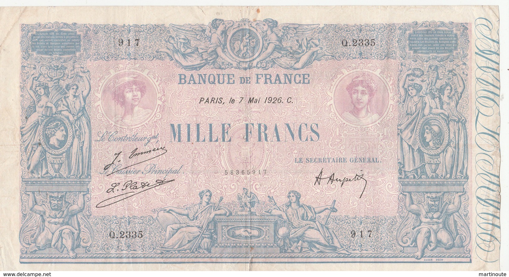 BILLET 1000 FRANCS BLEU ET ROSE - 1 000 F 1889-1926 ''Bleu Et Rose''