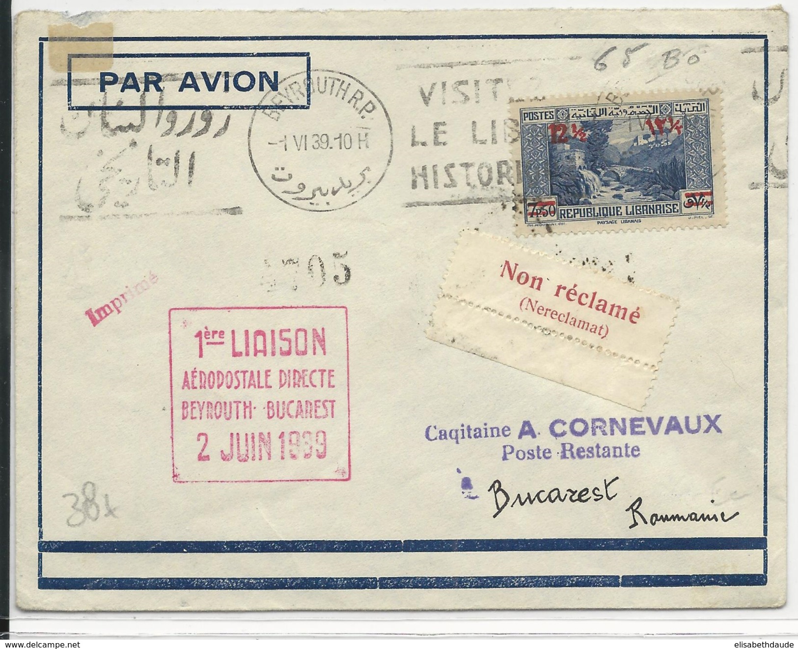 LIBAN - 1939 - POSTE AERIENNE - ENVELOPPE 1° LIAISON AEROPOSTALE De BEYROUTH à BUCAREST (ROUMANIE) - Libano