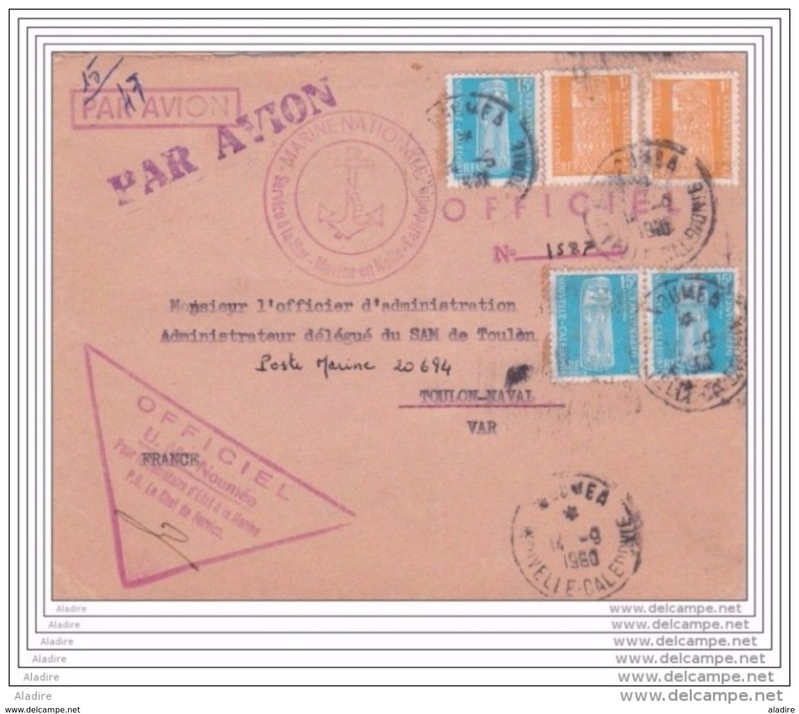 1960 Lettre Officielle Par Avion De Nouméa Vers Toulon Naval - Service à La Mer - U.M. Nouméa - Affrt 47 F - T. Service - Briefe U. Dokumente