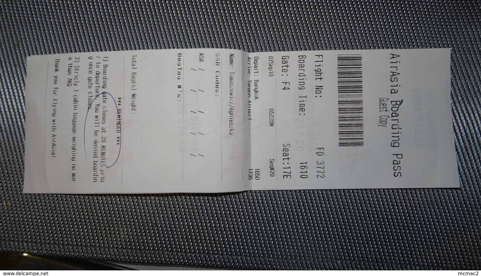 Air Asia Ticket From Bangkok To Yangon - FlugFahrkarte - Instapkaart