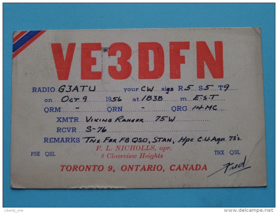 VE3DFN F. L. Nicholls Toronto Ontario Canada ( Sunderland ) Anno 1956 ( Zie Foto Voor Details ) - Radio Amateur