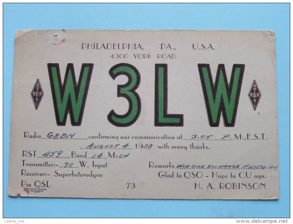W3LW Philadelphia PA U.S.A. H.A. Robinson ( Derby England ) Anno 1938 ( Zie Foto Voor Details ) - Radio Amateur