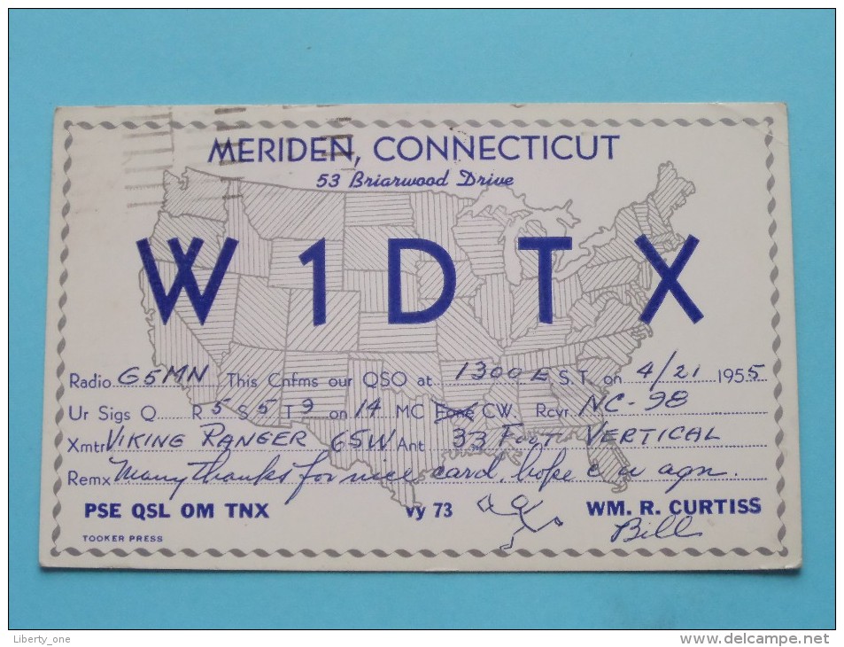 W1DTX Meriden Connecticut USA - WM. R. Curtiss ( To Hull England ) Anno 1955 ( Zie Foto Voor Details ) - Radio Amateur