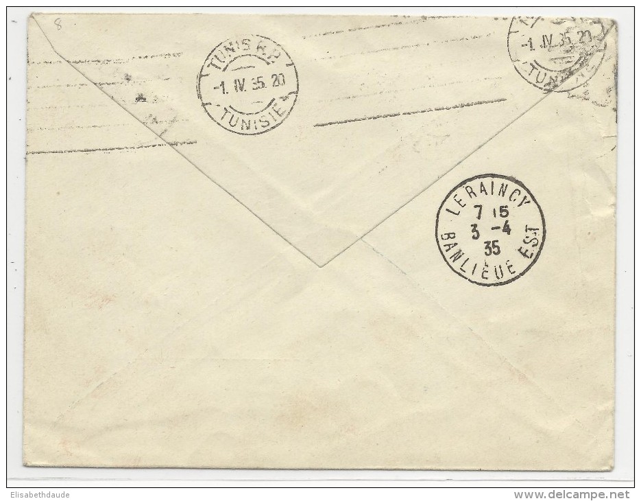 TUNISIE - 1935 - POSTE AERIENNE - ENVELOPPE Par AVION 1° VOL TUNIS à PARIS Dans La JOURNEE - Storia Postale